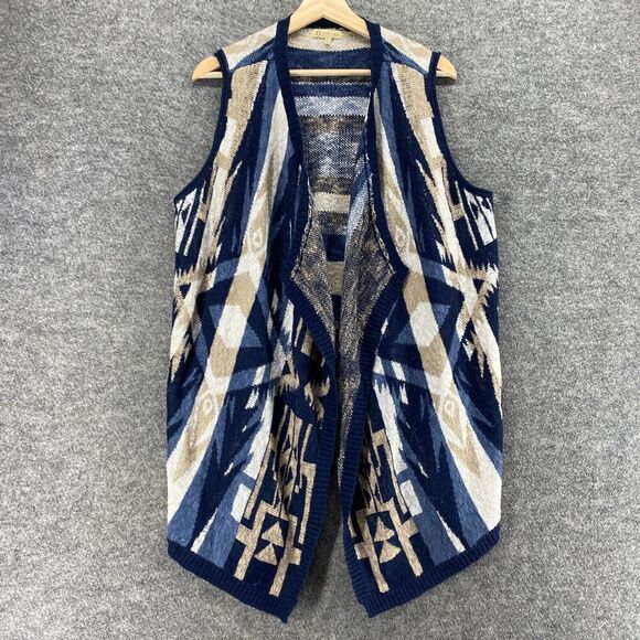 Democracy Sweater Women XL Blue Geometric Knit V-Neck Open Front Sleeveless - Picture 1 of 9